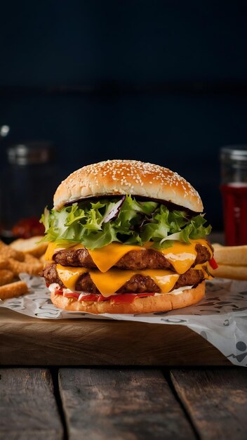 Um hambúrguer de frango de frente com queijo e salada verde na mesa de madeira e sanduíche de fast food