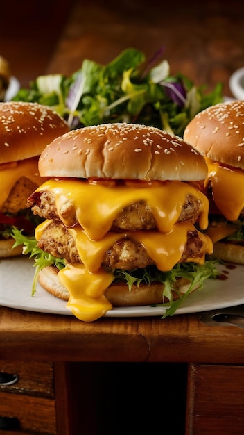 Um hambúrguer de frango de frente com queijo e salada verde na mesa de madeira e sanduíche de fast food