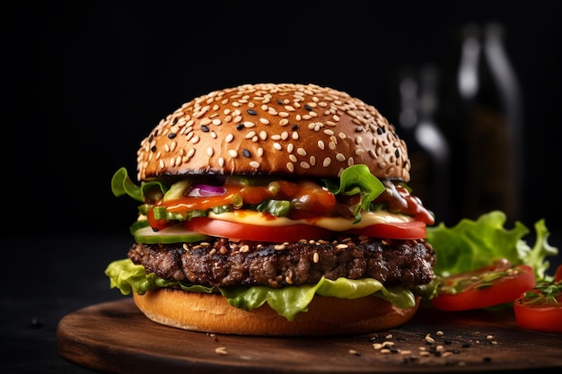 Um hambúrguer delicioso com muito queijo em cima de uma mesa de madeira sobre um fundo preto