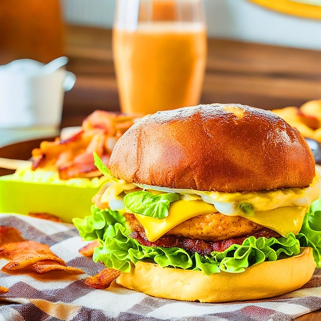 Um hambúrguer delicioso com uma generosa quantidade de queijo coberto com bacon crocante e fatia de abacate