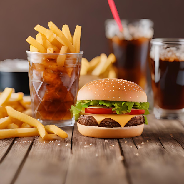 um hambúrguer e algumas batatas fritas em uma mesa de madeira com uma bebida no fundo