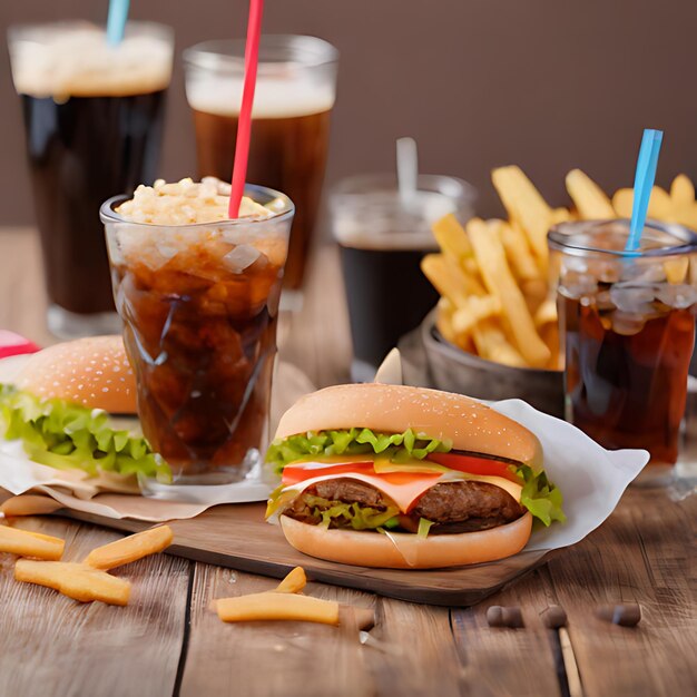 um hambúrguer e algumas batatas fritas estão em uma mesa com uma bebida e um refrigerante