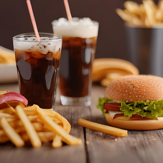 Foto um hambúrguer e algumas batatas fritas estão em uma mesa com uma bebida no fundo
