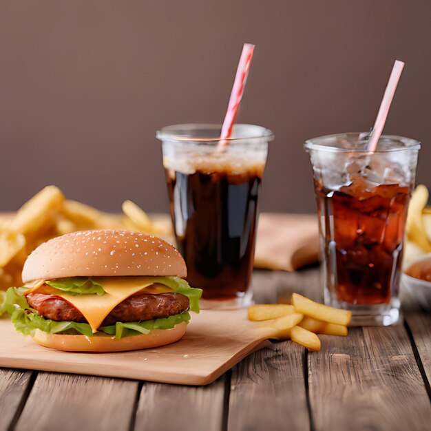 Foto um hambúrguer e algumas batatas fritas estão em uma mesa de madeira