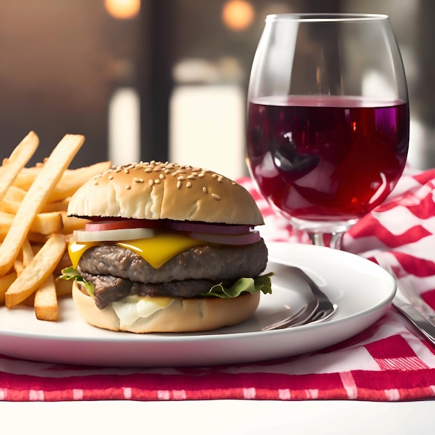 Um hambúrguer e batatas fritas com molho barbecue