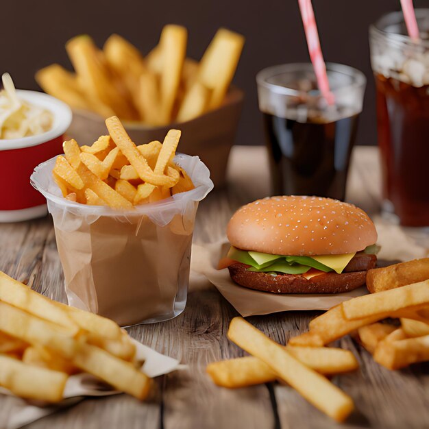 um hambúrguer e batatas fritas em uma mesa com uma bebida e uma bebida