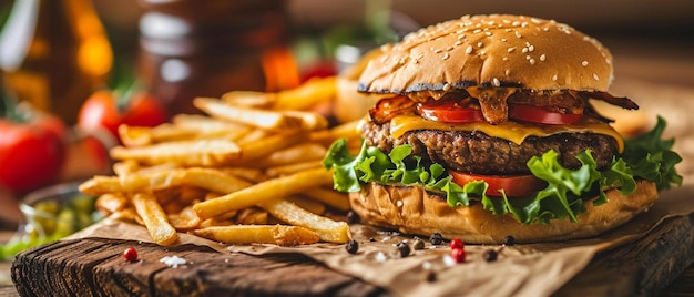 um hambúrguer e batatas fritas em uma prancha de corte