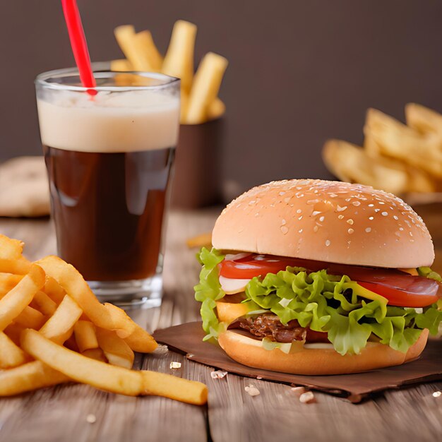 Foto um hambúrguer e batatas fritas estão em uma mesa com um copo de cerveja