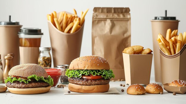 um hambúrguer e batatas fritas estão em uma mesa com um saco de batatas frites