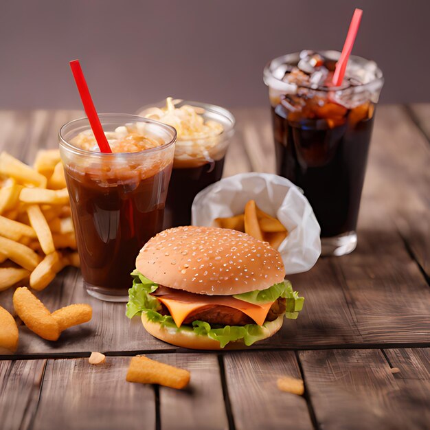 um hambúrguer e batatas fritas estão em uma mesa com uma bebida e um refrigerante