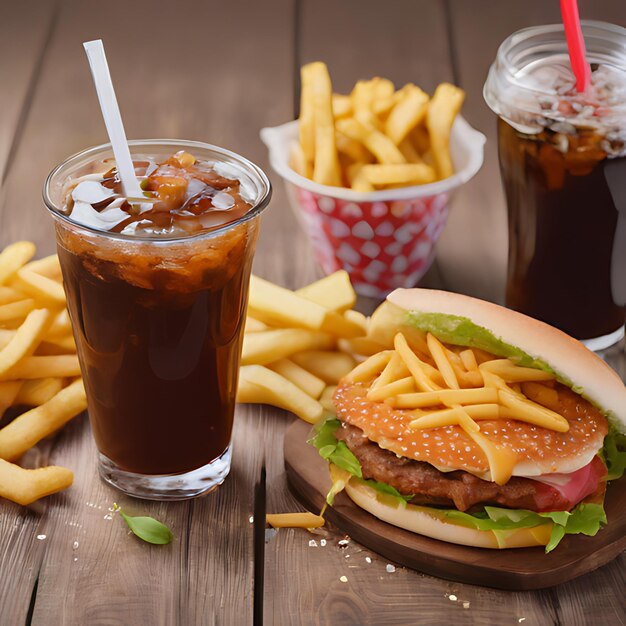 um hambúrguer e batatas fritas estão em uma mesa com uma bebida e uma bebida