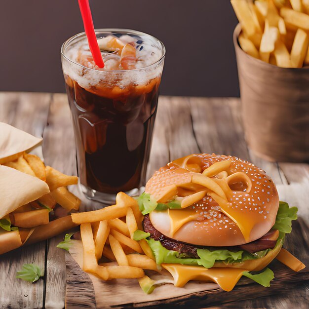 Foto um hambúrguer e batatas fritas estão em uma mesa com uma bebida