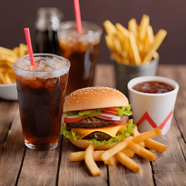 Foto um hambúrguer e batatas fritas estão em uma mesa com uma chávena de refrigerante