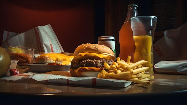 Um hambúrguer e batatas fritas estão sobre uma mesa com uma garrafa de cerveja.