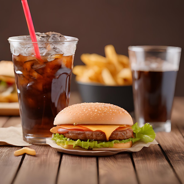 Foto um hambúrguer e uma chávena de refrigerante sentados em uma mesa