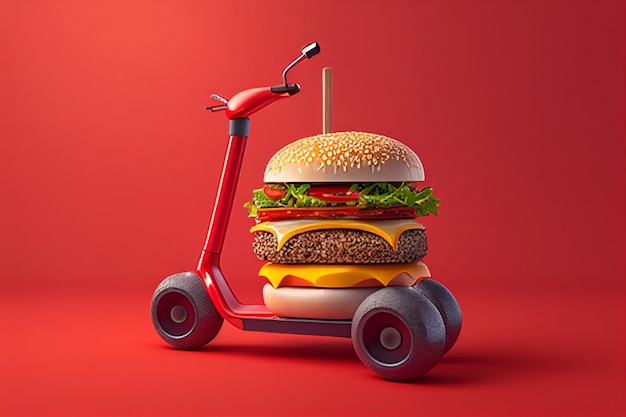 Um hambúrguer e uma scooter com as palavras hambúrguer