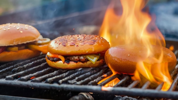 Um hambúrguer está cozinhando em uma grelha com um hambúrguer nele