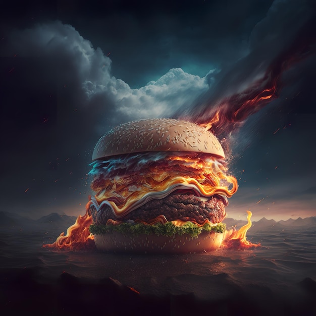 Um hambúrguer está queimando no oceano com uma nuvem ao fundo