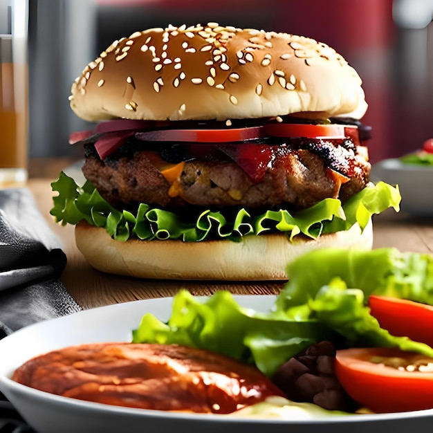 Um hambúrguer fica na frente de um prato de comida com tomate, alface, tomate e feijão.