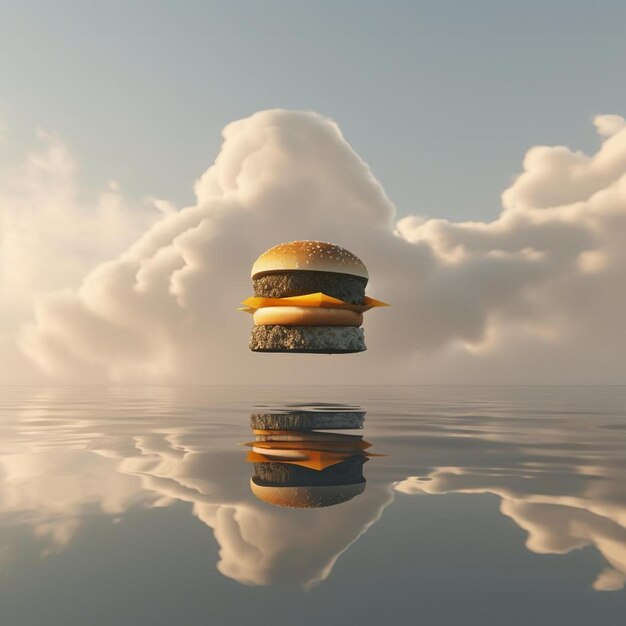 Foto um hambúrguer flutuando em cima de um corpo de água