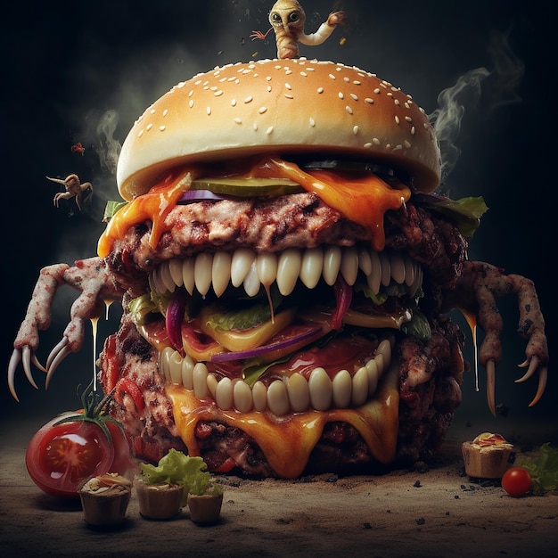 Um hambúrguer gigante com um homem em cima dele que tem um monstro nele