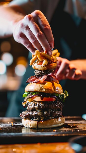 Foto um hambúrguer gourmet a ser montado