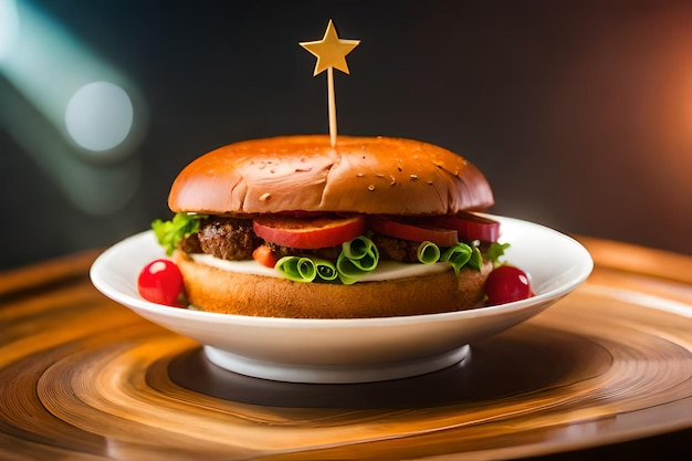 Um hambúrguer gourmet em um prato com uma estrela no topo dia do hambúrguer Criado com tecnologia generativa de IA
