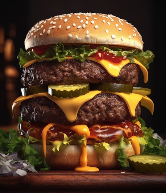 Um hambúrguer grande com queijo, alface e molho de tomate.