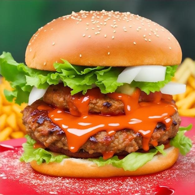 Um hambúrguer grande e saboroso com ketchup e queijo sobre um fundo vermelho.