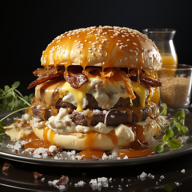 Foto um hambúrguer grelhado saboroso numa prancha de madeira.