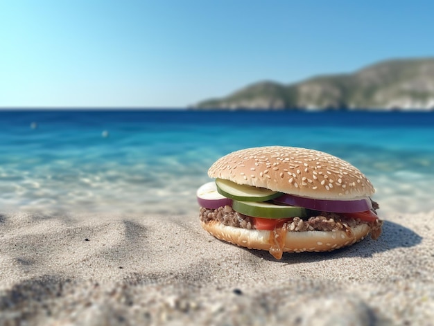Um hambúrguer na areia com o mar ao fundo.
