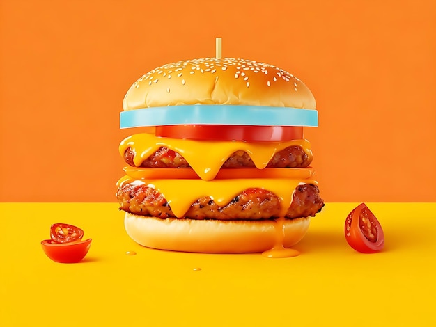 Um hambúrguer picante de fastfood com fundo amarelo