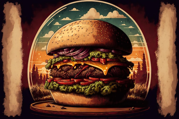Um hambúrguer retrô maravilhoso com carne e salada