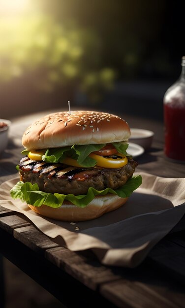 Foto um hambúrguer sentado em cima de uma mesa de madeira fotorealismo vray traçando renderizado em motor irreal