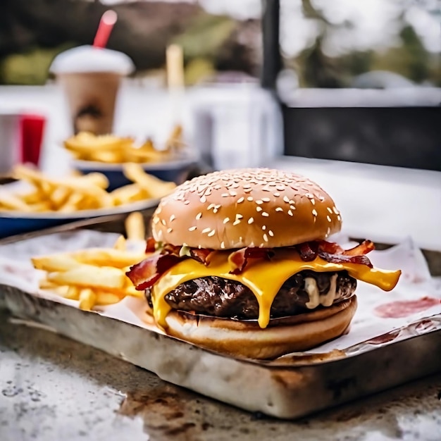 Um hambúrguer suculento com queijo derretido bacon crocante e batatas fritas douradas ao lado