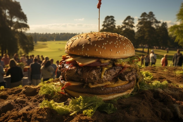 Um hambúrguer triplo em um campo de café de um campo de golfe com jogadores de golfe jogando IA generativa