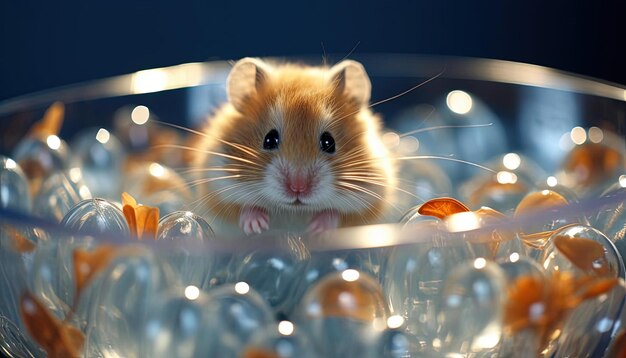 um hamster castanho e branco brincando dentro de uma tigela de plástico transparente no estilo feito de videiras