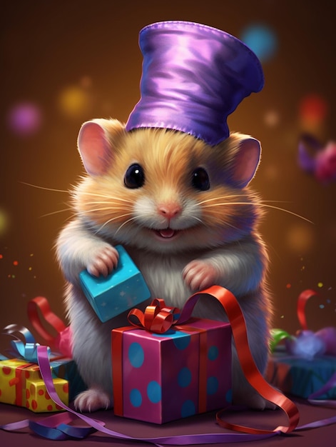 Um hamster com um chapéu roxo e uma caixa de presente.