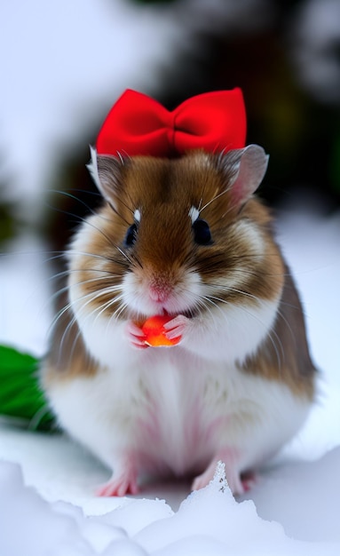 Um hamster com um chapéu vermelho.