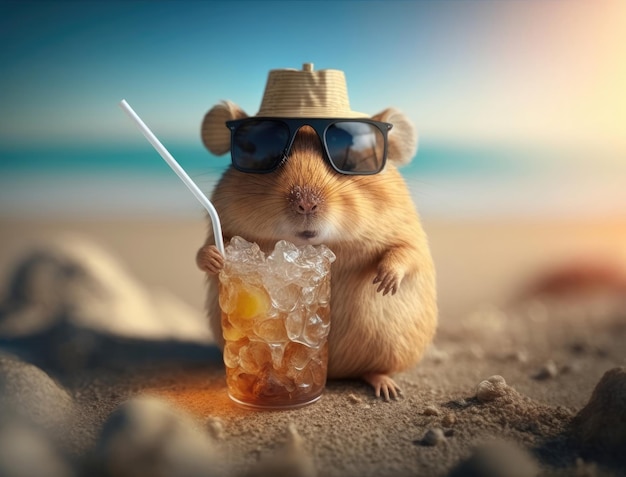 Um hamster com uma bebida gelada na praia quente de verão