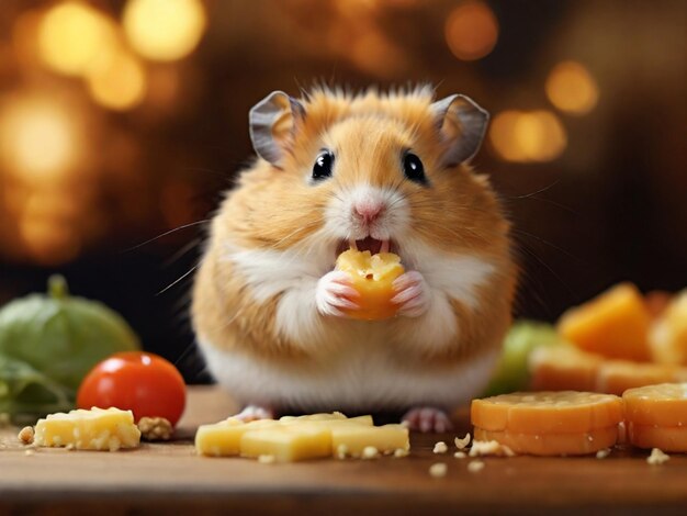 um hamster comendo comida com um hamster no fundo