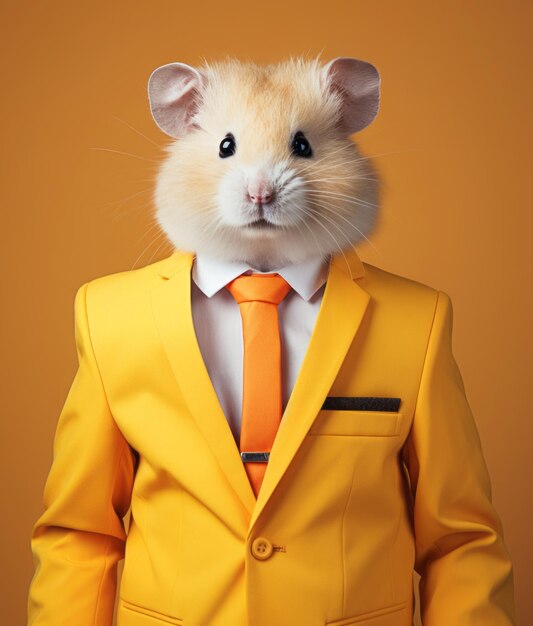 Foto um hamster de fato amarelo e gravata laranja