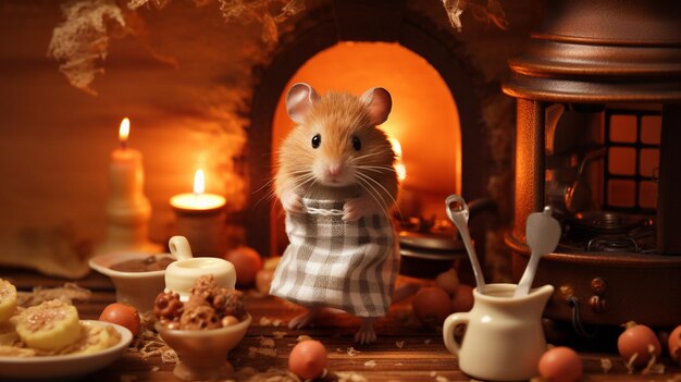 Foto um hamster dentro de uma casa de bonecas a cozinhar em um fundo minúsculo