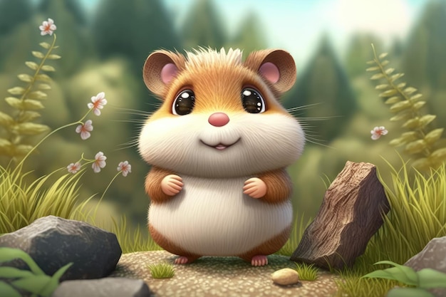 Um hamster em um campo de flores