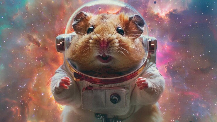 Foto um hamster em um fato espacial com um fato espacial em seu rosto