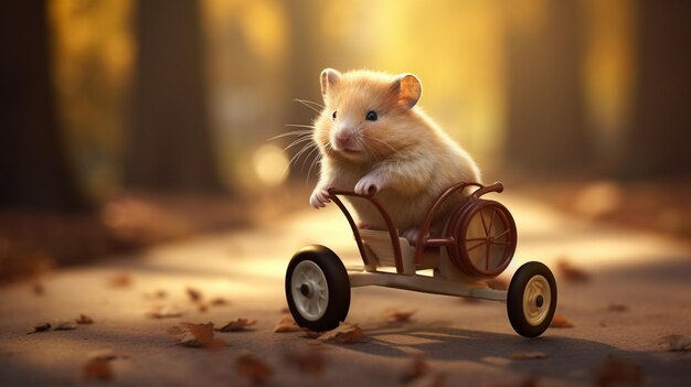 Foto um hamster em um minúsculo triciclo como se estivesse andando ao fundo