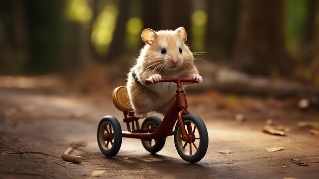 Foto um hamster em um minúsculo triciclo como se estivesse andando ao fundo