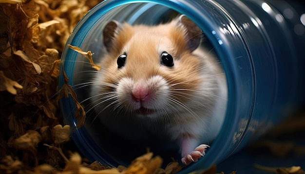 um hamster em um tubo de plástico olhando para uma bola no estilo de azul claro e âmbar escuro