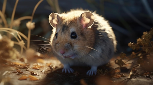 Um hamster em uma floresta com uma luz no rosto