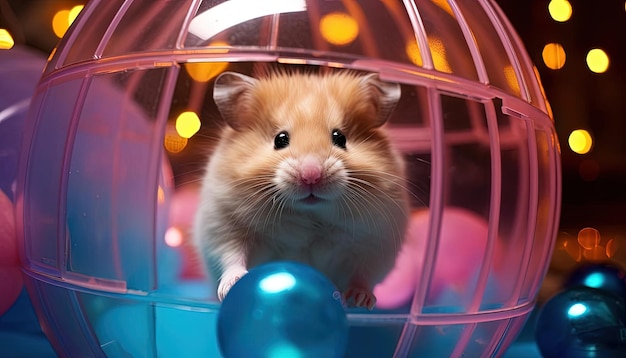 um hamster em uma gaiola com uma bola e um brinquedo com uma bola azul nele